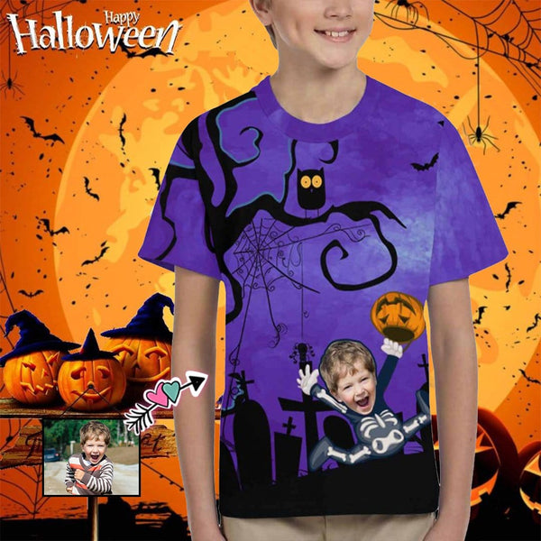 #6-15Y Custom Face Pumpkin Lantern Owl Halloween Kid's All Over Print T-shirt