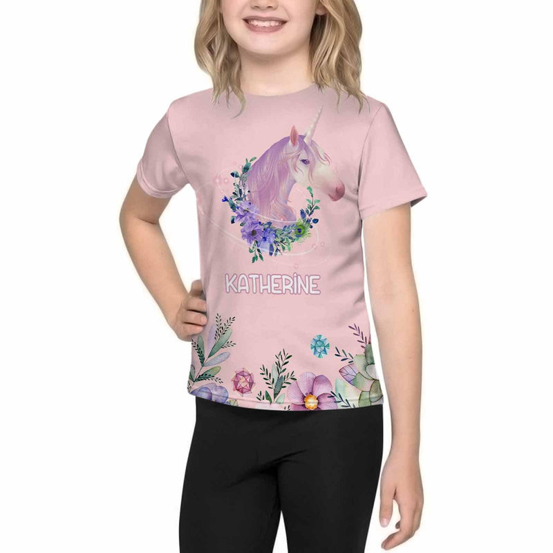 #6-15Y Custom Name Unicorn Flower Kid's T-shirt Print Your Own Personalized Text Name on Tshirt