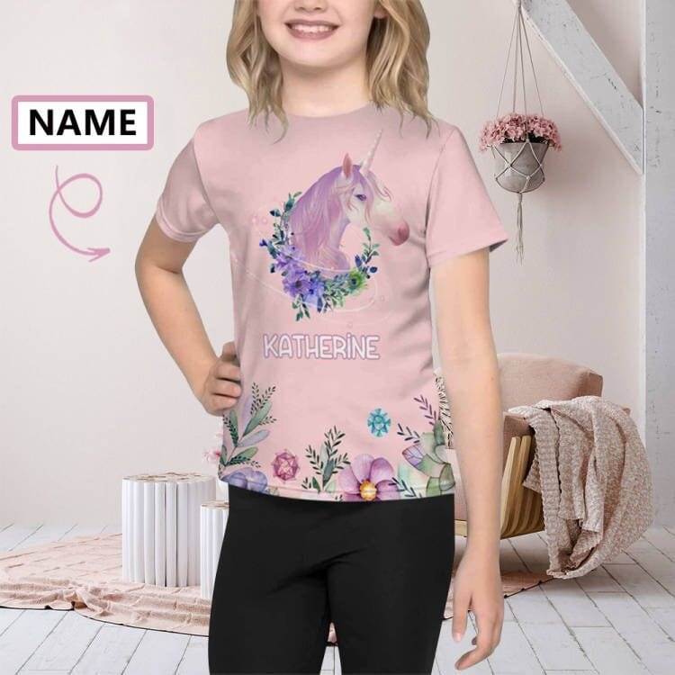 #6-15Y Custom Name Unicorn Flower Kid's T-shirt Print Your Own Personalized Text Name on Tshirt