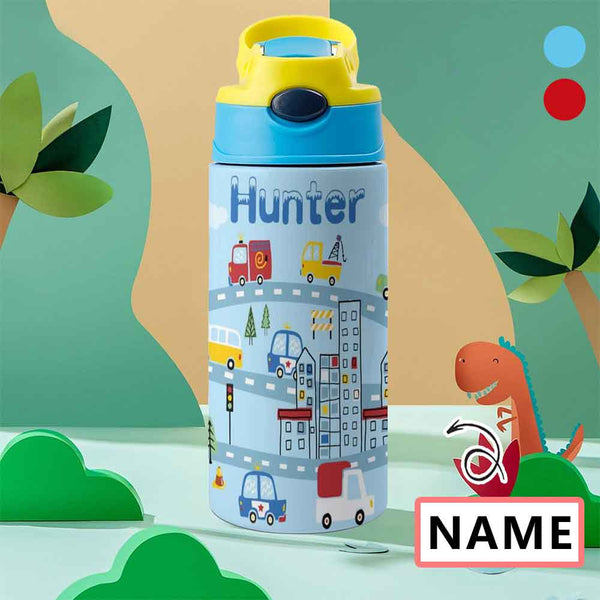 Custom Name Car Kids Water Bottle 12OZ Stainless Steel Personalized Drink Cup