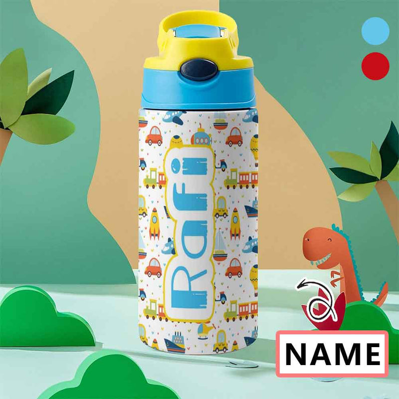 Custom Name Car Train Transportation Kids Water Bottle 12OZ Stainless Steel Personalized Drink Cup