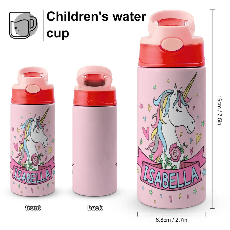Custom Name Unicorn Kids Water Bottle 12OZ Stainless Steel Personalized Drink Cup