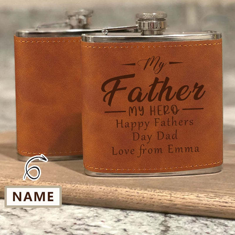 Custom Name Happy Father's Day Hip Flask Leather Flask 6 OZ