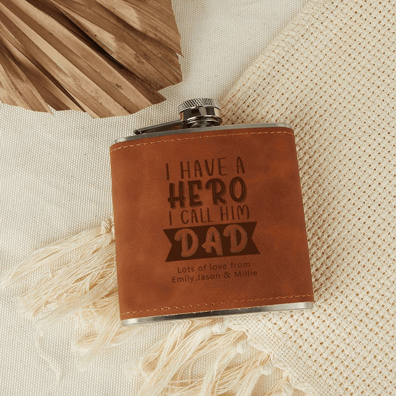 Personalized Leather Flask 6 OZ Custom Name Hero Dad Hip Flask for Father's Day Gift for Dad Personalized Gift for Him