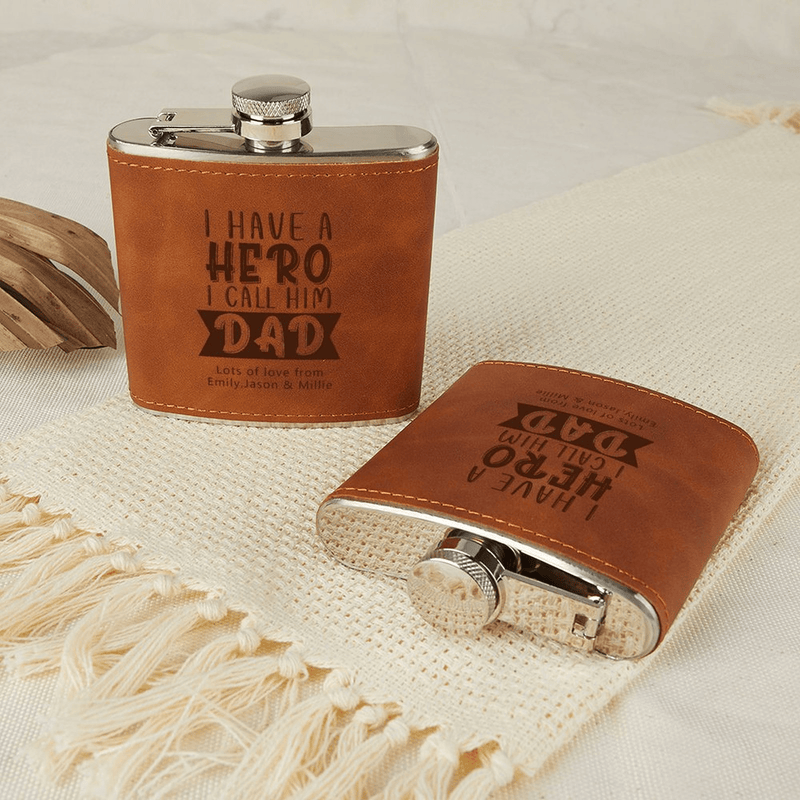 Personalized Leather Flask 6 OZ Custom Name Hero Dad Hip Flask for Father's Day Gift for Dad Personalized Gift for Him