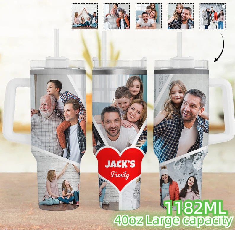 Custom 5 Photos Personalized 40oz Stainless Steel Travel Mug with Handle and Straw Lid Large Capacity Car Cup