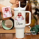 Custom Your Photo & Text Personalized 40oz Stainless Steel Travel Mug with Handle and Straw Lid Large Capacity Car Cup