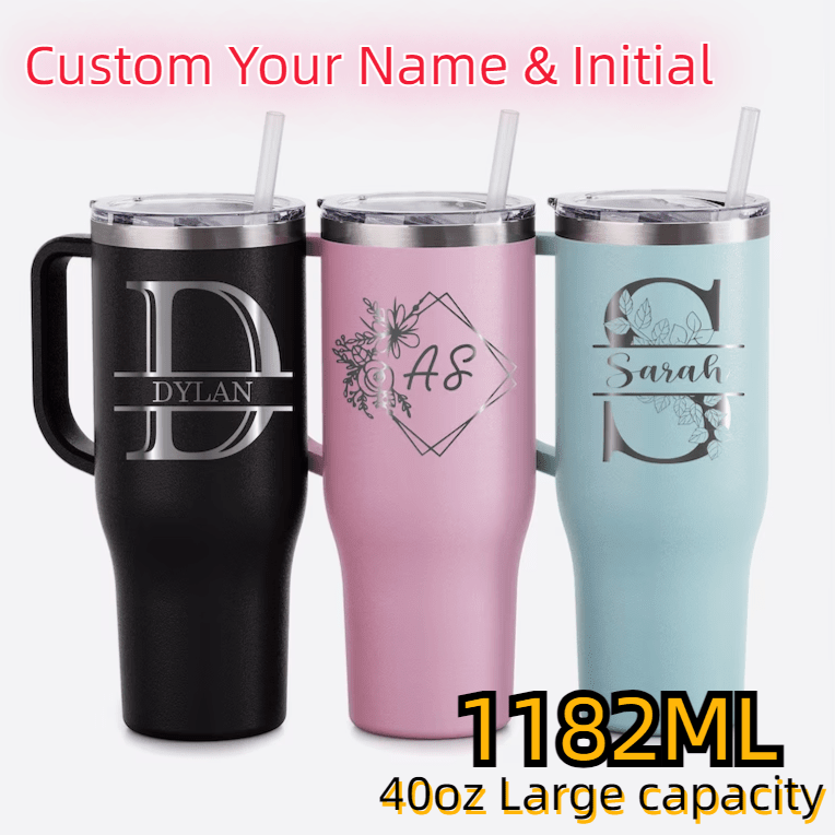 [Limit Discounts]Custom Your Name & Initial Personalized 40oz Stainless Steel Travel Mug with Handle and Straw Lid Large Capacity Car Cup