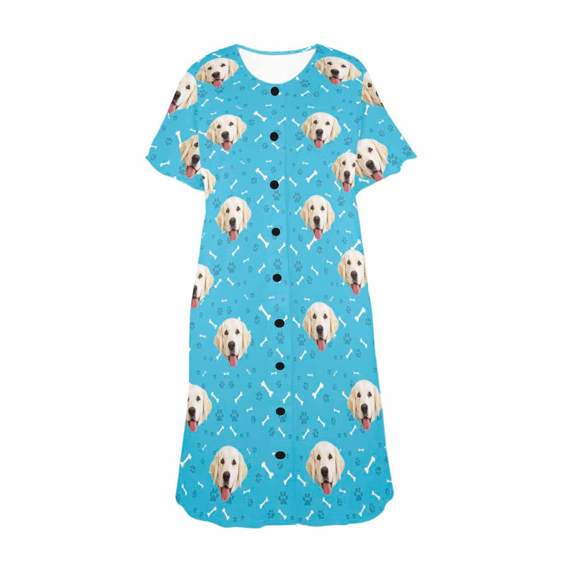 Custom Dog Face Dog Bone Women's Nightshirt Short Sleeve Button Down Nightgown V-Neck Sleepwear Pajama Dress