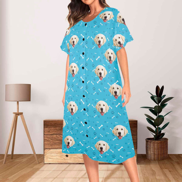 Custom Dog Face Dog Bone Women's Nightshirt Short Sleeve Button Down Nightgown V-Neck Sleepwear Pajama Dress