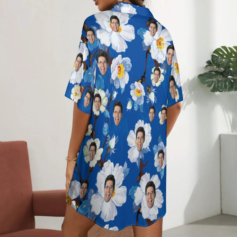 Custom Face Flower Blue Satin Nightgown For Women Silk Nightshirt Button Down Pajamas Dress Boyfriend Sleepshirt S-3XL