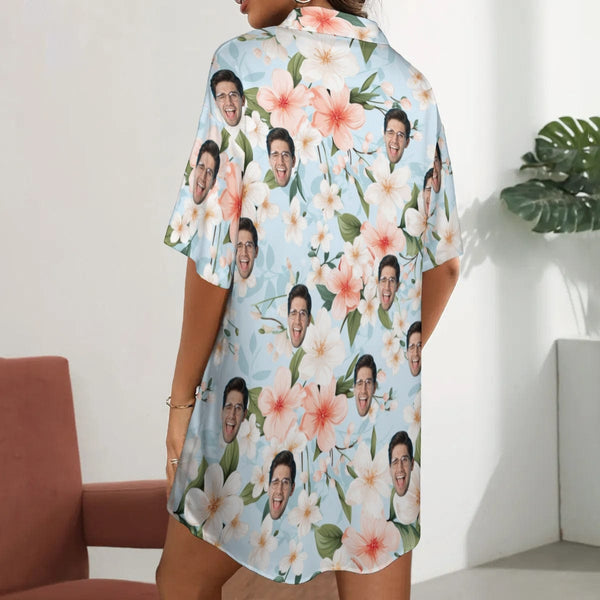 Custom Face Flower Satin Nightgown For Women Silk Nightshirt Button Down Pajamas Dress Boyfriend Sleepshirt S-3XL