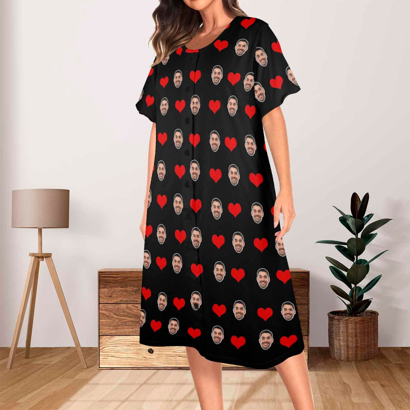 Custom Face Heart Women's Nightshirt Short Sleeve Button Down Nightgown V-Neck Sleepwear Pajama Dress