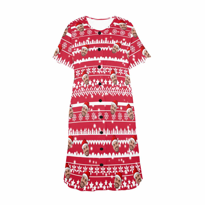 Custom Face Red Christmas Women's Nightshirt Short Sleeve Button Down Nightgown V-Neck Sleepwear Pajama Dress