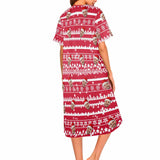 Custom Face Red Christmas Women's Nightshirt Short Sleeve Button Down Nightgown V-Neck Sleepwear Pajama Dress