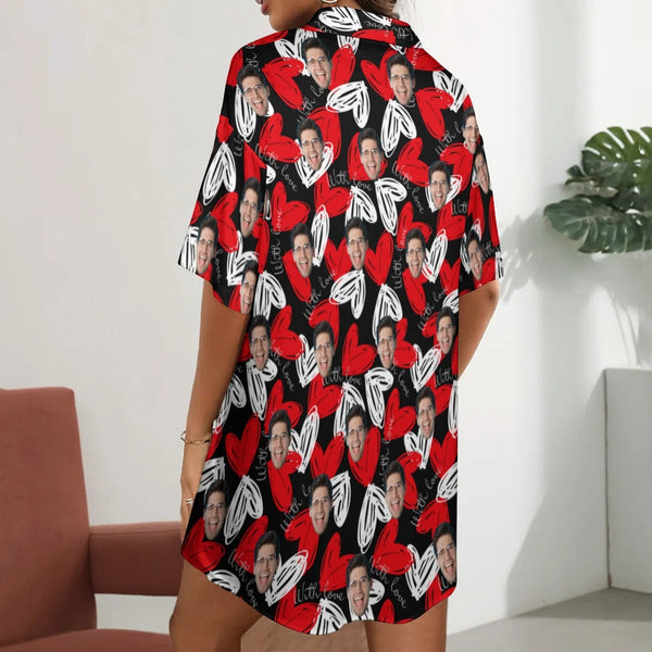 Custom Face Red Heart Black Satin Nightgown For Women Silk Nightshirt Button Down Pajamas Dress Boyfriend Sleepshirt S-3XL
