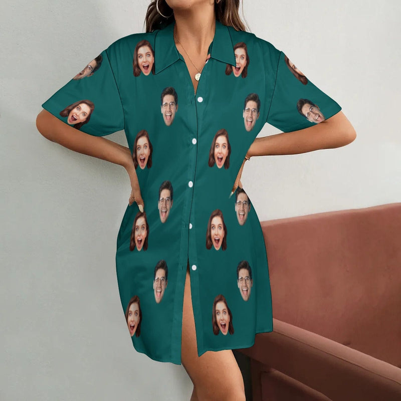 Custom Face Solid Color Satin Nightgown For Women Silk Nightshirt Button Down Pajamas Dress Boyfriend Sleepshirt S-3XL
