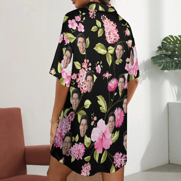 Custom Face Vegetation Black Satin Nightgown For Women Silk Nightshirt Button Down Pajamas Dress Boyfriend Sleepshirt S-3XL