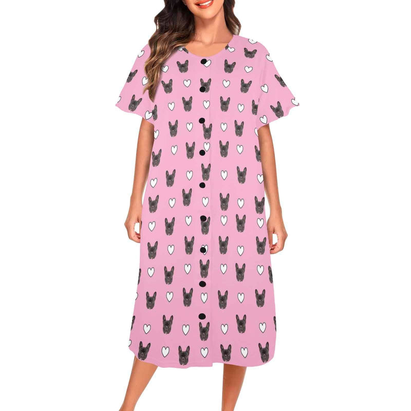 Custom Pet Face Pink Women's Nightshirt Short Sleeve Button Down Nightgown V-Neck Sleepwear Pajama Dress