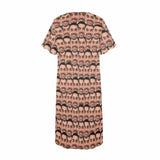 Custom Seamless Face Women's Nightshirt Short Sleeve Button Down Nightgown V-Neck Sleepwear Pajama Dress