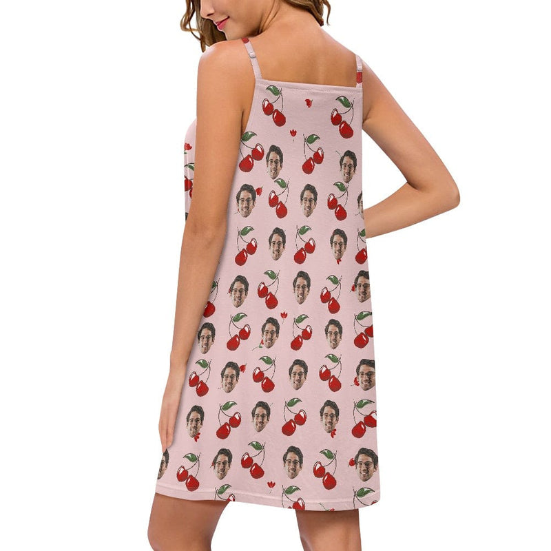 Custom Your Husband's Face Women Cute Cherry Suspender Nightdress Sleeveless Nightgown Soft Sleep Dress
