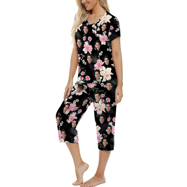 Custom Face Black Flowers Women's Loungewear Set Short Sleeve Shirt and Capri Pants Sleepwear Pajama Set