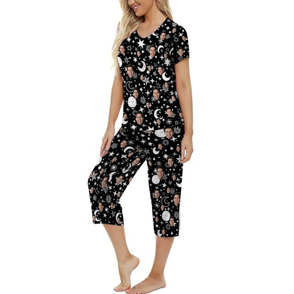 Custom Face Black Starry Sky Women's Loungewear Set Short Sleeve Shirt and Capri Pants Sleepwear Pajama Set