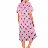 Custom Pet Face Pink Women's Nightshirt Short Sleeve Button Down Nightgown V-Neck Sleepwear Pajama Dress