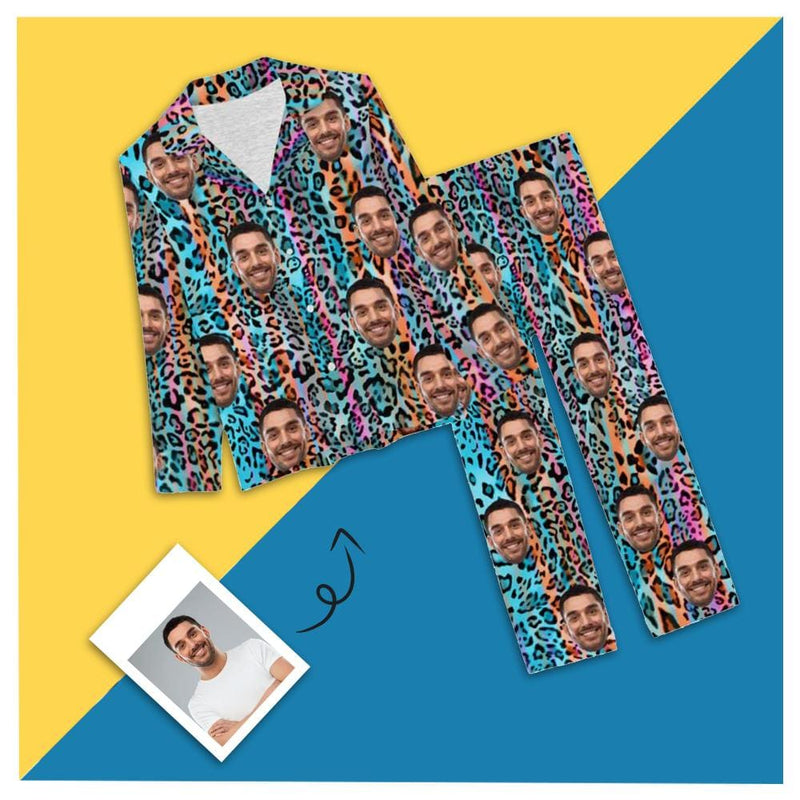Custom Husband Face Color Leopard Personalized Women's Long Pajama Set