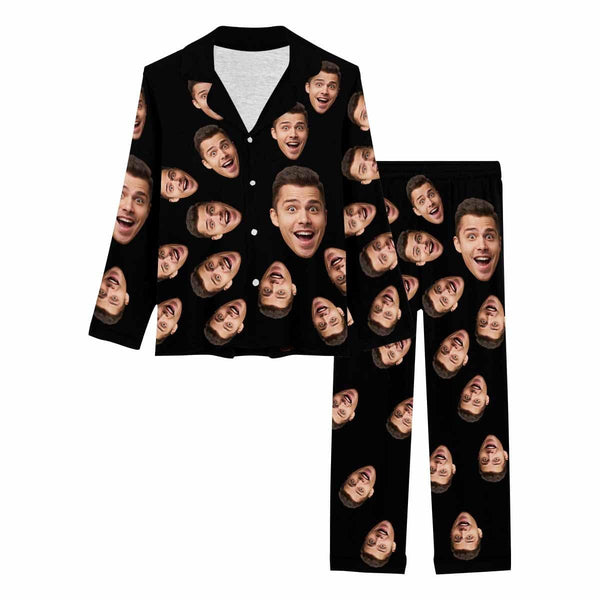 Custom Boyfriend Face Pajamas Black Background Sleepwear Funny Personalized Women's Long Pajamas Set