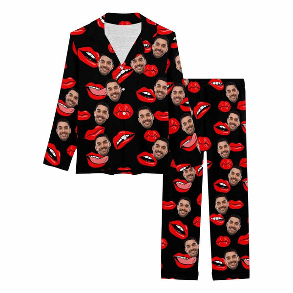 Custom Boyfriend Face Red Lips Sleepwear Personalized Women's Slumber Party Long Pajama Set