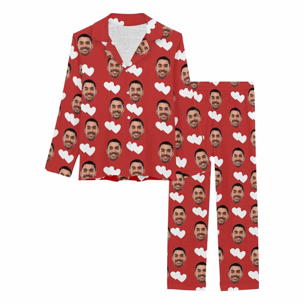 Custom Boyfriend Face Red Love Heart Sleepwear Personalized Women's Slumber Party Long Pajama Set