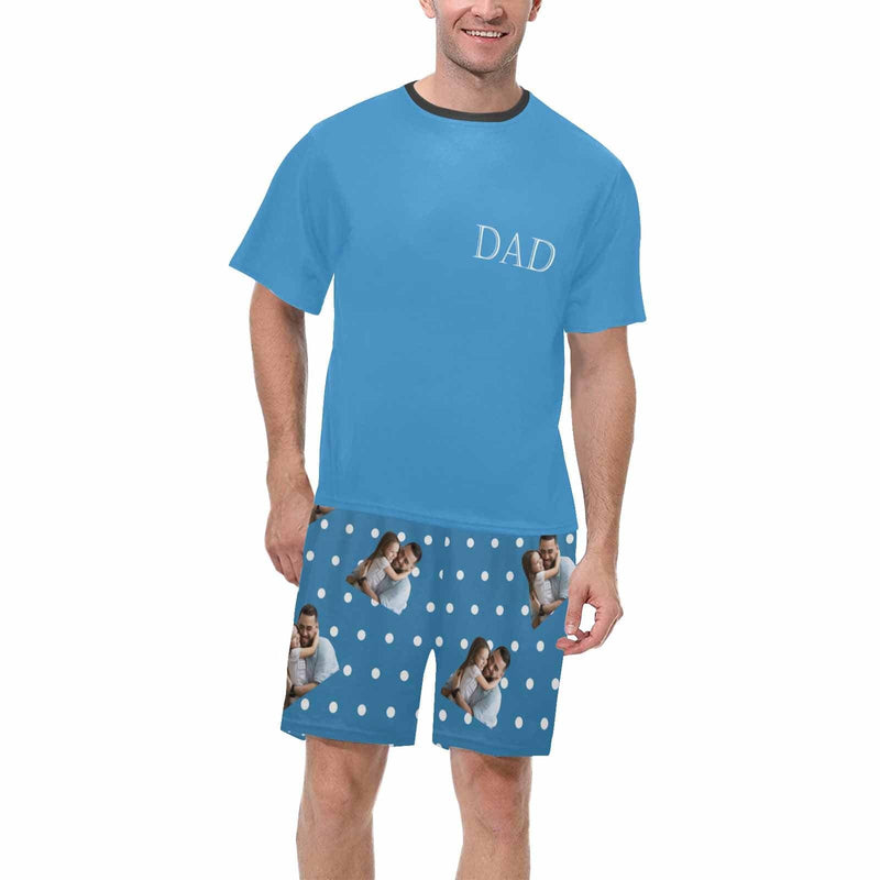 DAD's Pajama-Bule Men's Crew Neck Short Sleeve Pajama Set With Family Photo Print On It