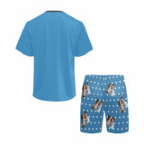 DAD's Pajama-Bule Men's Crew Neck Short Sleeve Pajama Set With Family Photo Print On It