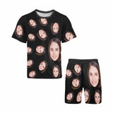 Personalized Pajamas Black with Girlfriend Face Crew Neck Short Sleeve Tracksuit For Men Women
