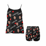 Custom Husband Face Cami Pajamas With Love Black Personalized Women's Sleepwear Set Honeymoon Gift