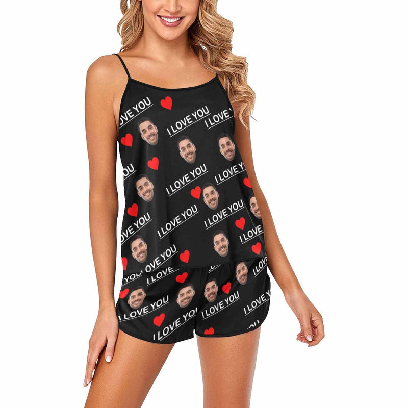 Custom Husband Face Cami Pajamas With Love Black Personalized Women's Sleepwear Set Honeymoon Gift