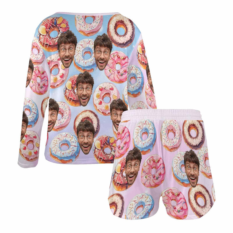 Custom Face Donut Women's Long Sleeve Scoop Neck Short Pajama Set