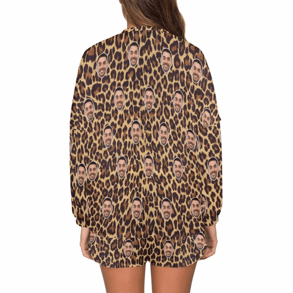 Custom Face Leopard Pajama Set Women's Long Sleeve Top and Shorts Loungewear Tracksuits