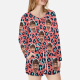 Custom Face Leopard Print Women's Long Sleeve Scoop Neck Short Pajama Set
