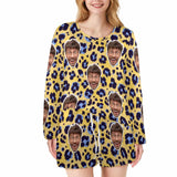 Custom Face Leopard Print Women's Long Sleeve Scoop Neck Short Pajama Set