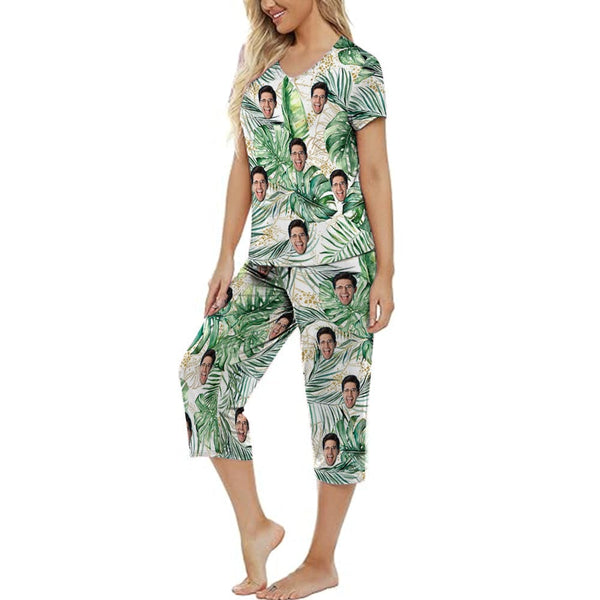Custom Face Palm Leaves Women's Loungewear Set Short Sleeve Shirt and Capri Pants Sleepwear Pajama Set
