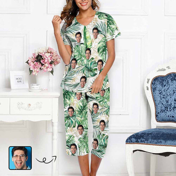 Custom Face Palm Leaves Women's Loungewear Set Short Sleeve Shirt and Capri Pants Sleepwear Pajama Set