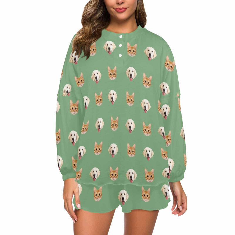 [Up To 4 Faces] Custom Face Pajama Set Women's Long Sleeve Top and Shorts Loungewear Tracksuits