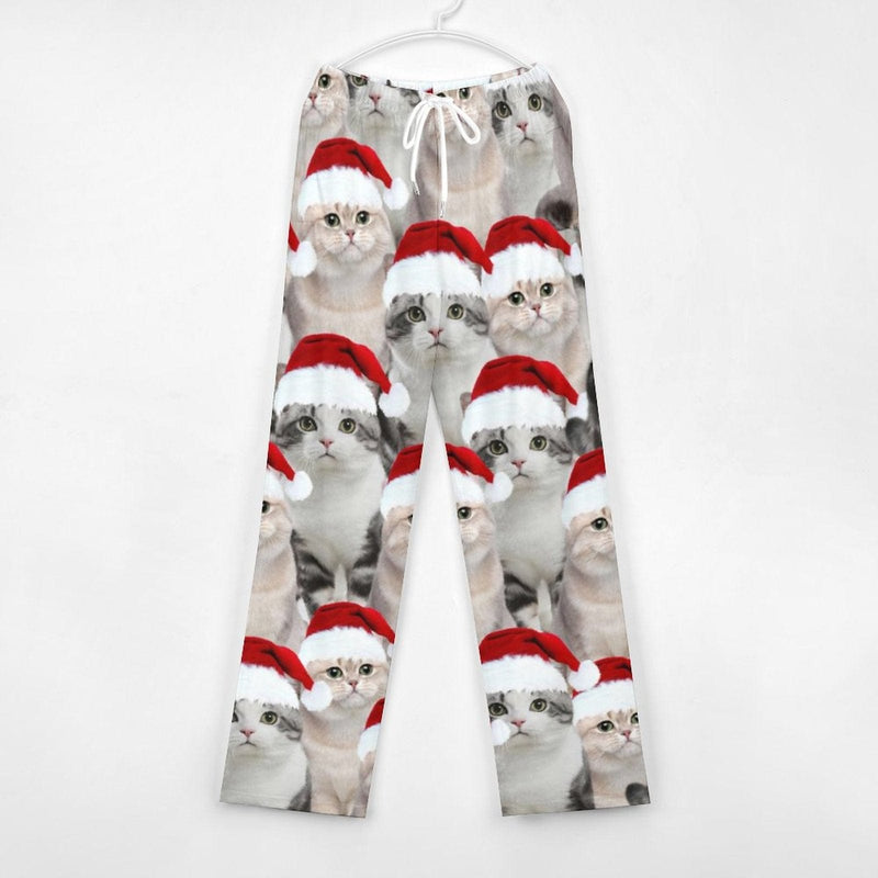 Custom Face Cat Christmas Red Hat Pajama Pants and Pet Dog Bandana