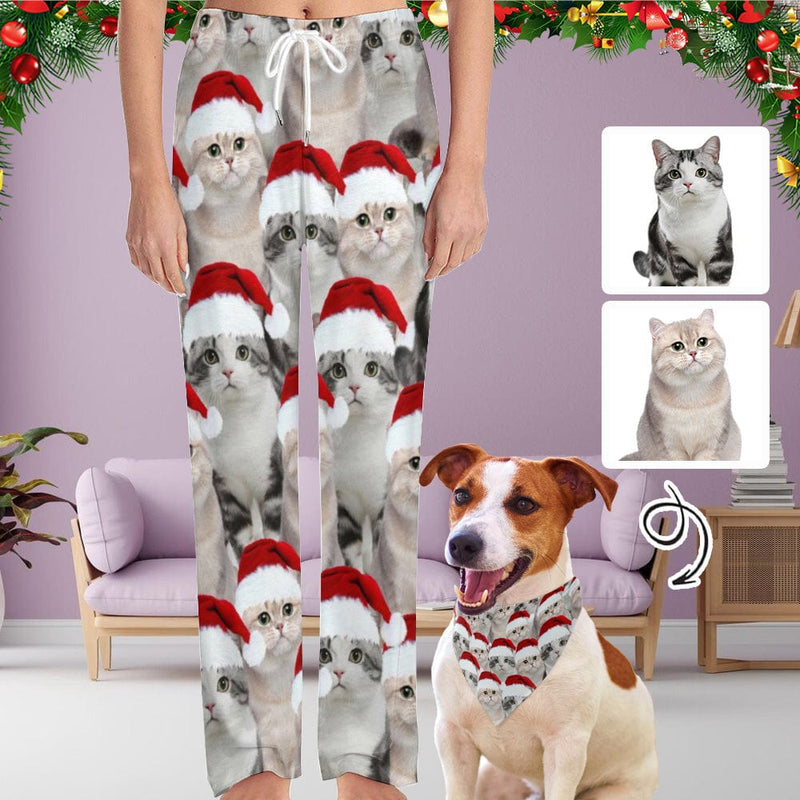 Custom Face Cat Christmas Red Hat Pajama Pants and Pet Dog Bandana
