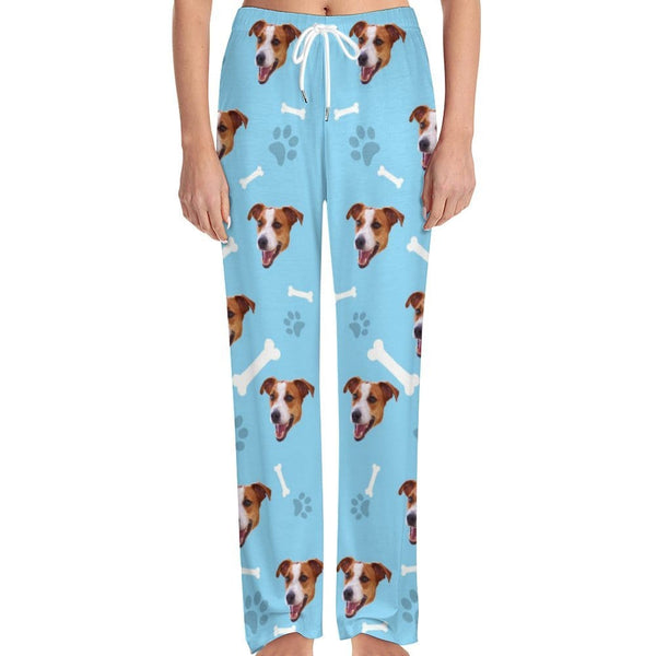 Custom Face Dog Bone Paw Print Blue Background Pajama Pants and Pet Dog Bandana