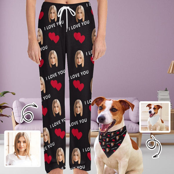 Custom Face Red Heart&I Love You Pajama Pants and Pet Dog Bandana
