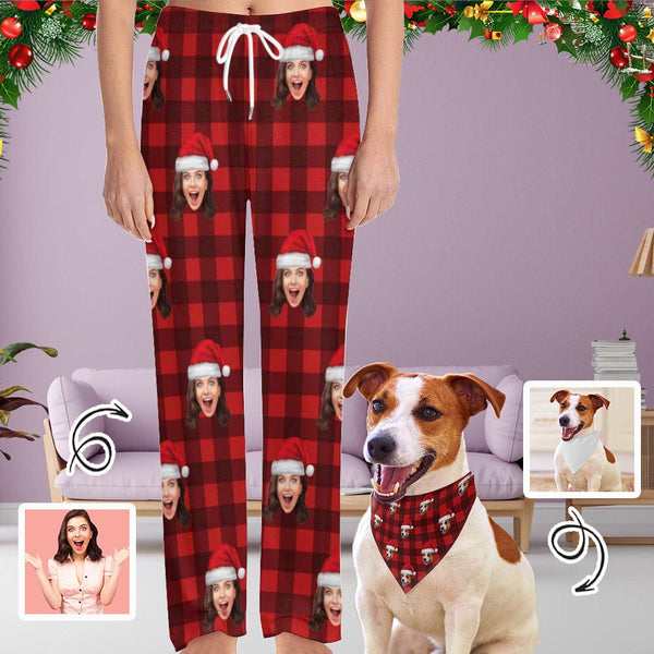 Custom Face Red Plaid Christmas Hat Pajama Pants and Pet Dog Bandana