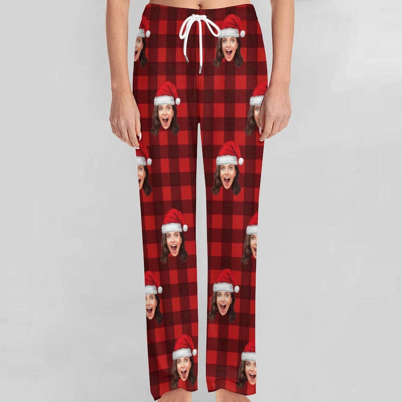 Custom Face Red Plaid Christmas Hat Pajama Pants and Pet Dog Bandana